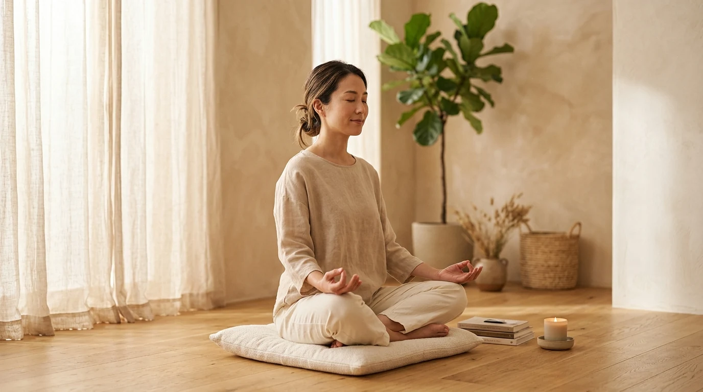 Cómo encontrar paz interior - Meditación y serenidad mental Mujer en meditación consciente aprendiendo cómo encontrar paz interior en un espacio zen luminoso