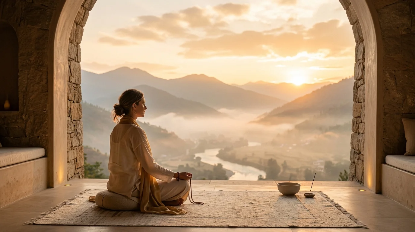 Mujer en meditación contemplando un amanecer montañoso representando el silencio como portal hacia la paz profunda